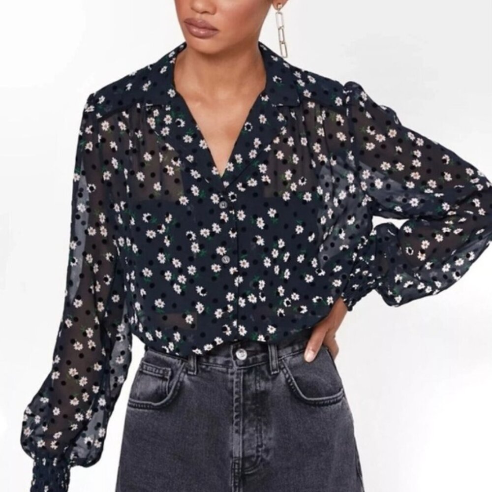 TOPSHOP navy sheer blouse with daisies and velvet polka dots size 8